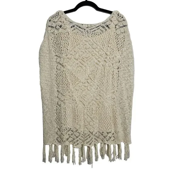One World Womens Size M Cream Bohemian Crochet Fringe Layered Sweater Beach BOHO - Picture 2 of 11